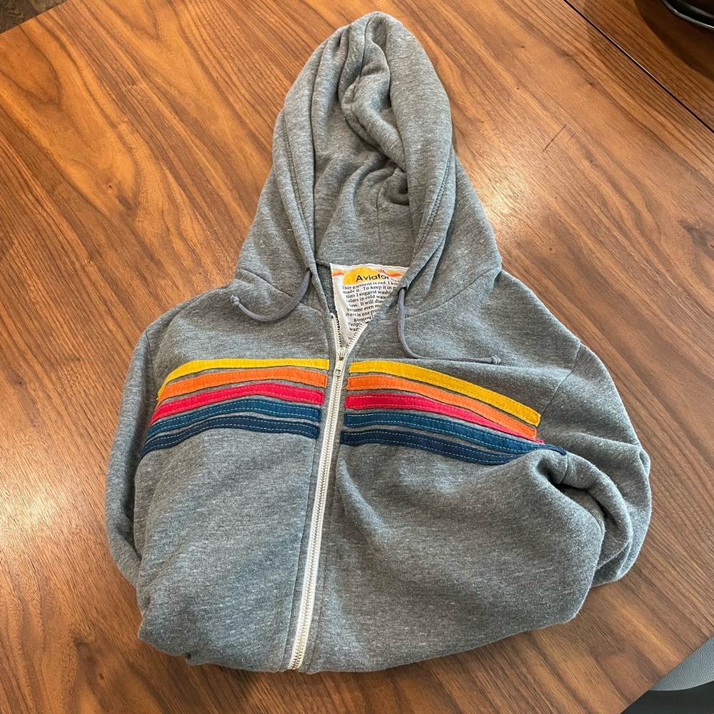 Aviator Nation Gray Zip Hoodie with Multicolor Stripe Accents - Picture 3 of 5